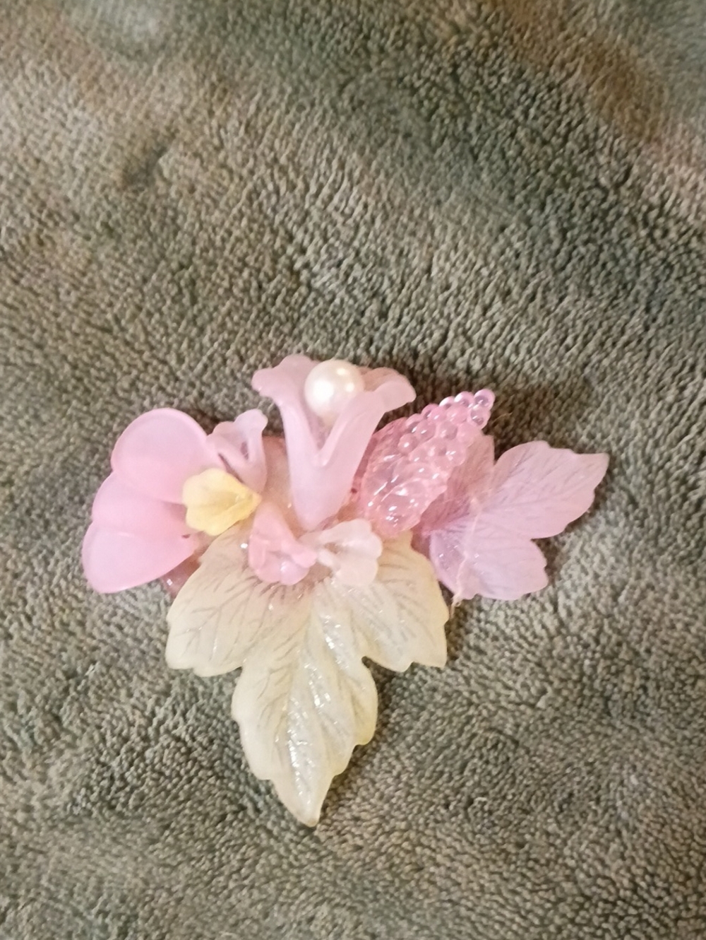 Pink Floral Resin Or Plastic Brooch with Pearl Accent